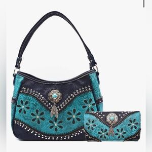 NWT Western Style Turquoise and Black Conceal Carry Handbag Set
